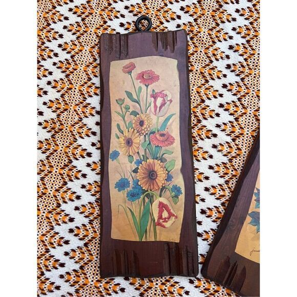 Vintage MCM Wooden Floral Art Plaques - Picture 2 of 9